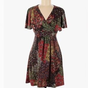 Colorful peacock feather print faux wrap dress size medium